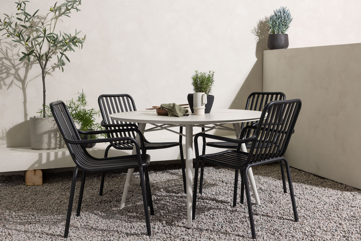 Round Dining Table ø120 Beige + Dining Chair 2-pack Black