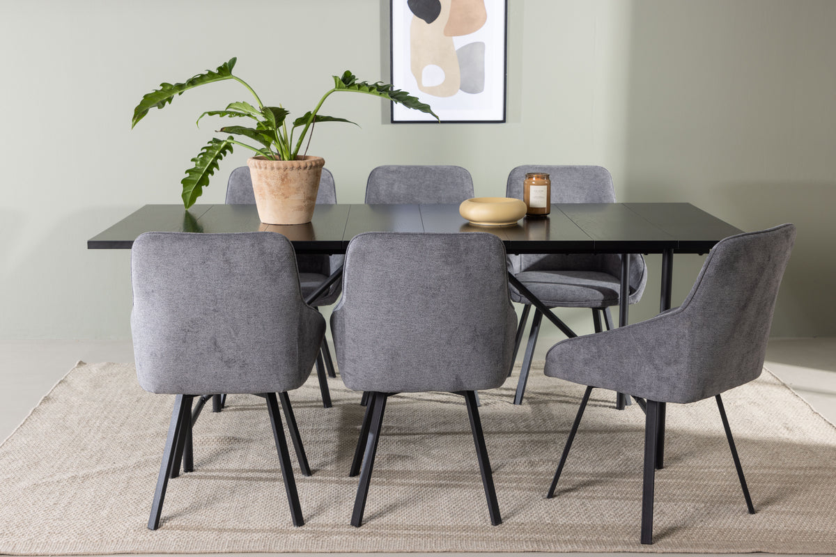 Rectangular Dining Table 90 x 200 Black + Dining Chair 2-pack Grey
