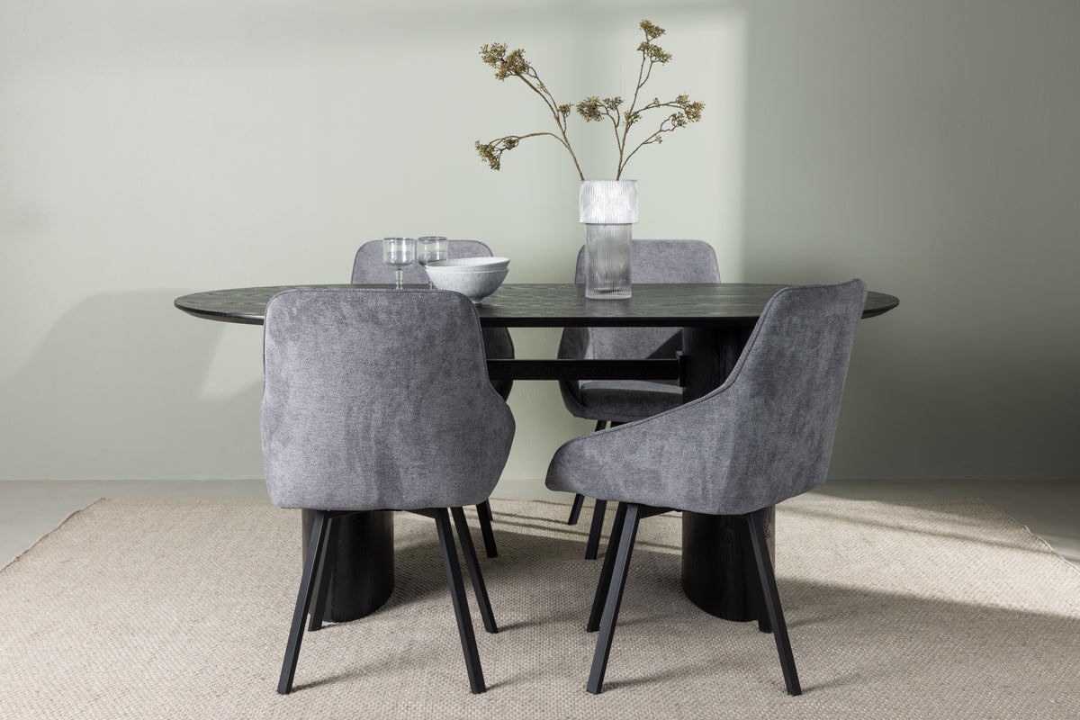 Dining Chair 2-pack Grey + Oval Dining Table 90 x 180 Black