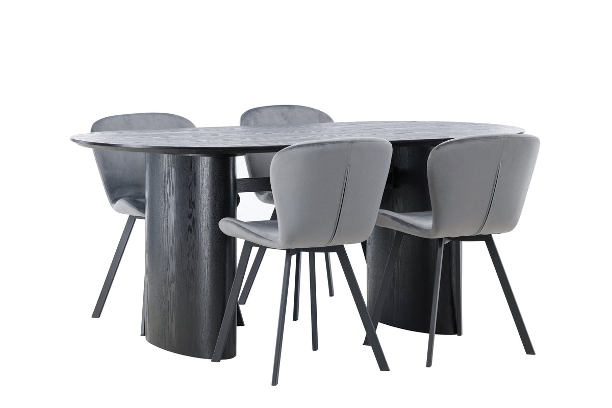Dining Chair 2-pack Grey + Oval Dining Table 90 x 180 Black