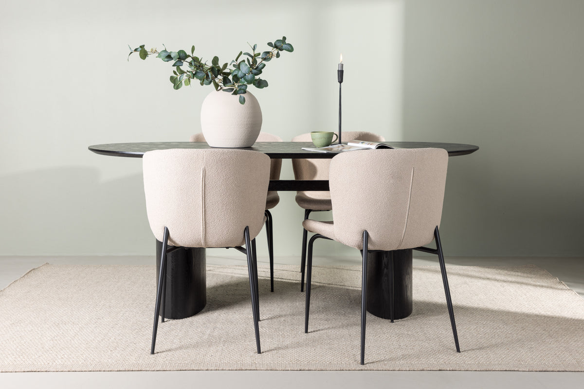Dining Chair 2-pack Beige + Oval Dining Table 90 x 180 Black