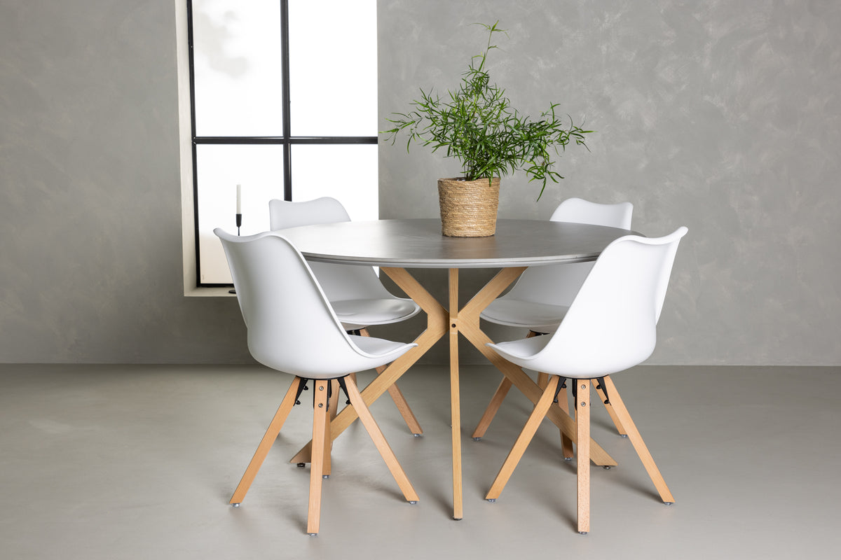 Round Dining Table ø120 Grey + Dining Chair 2-pack White