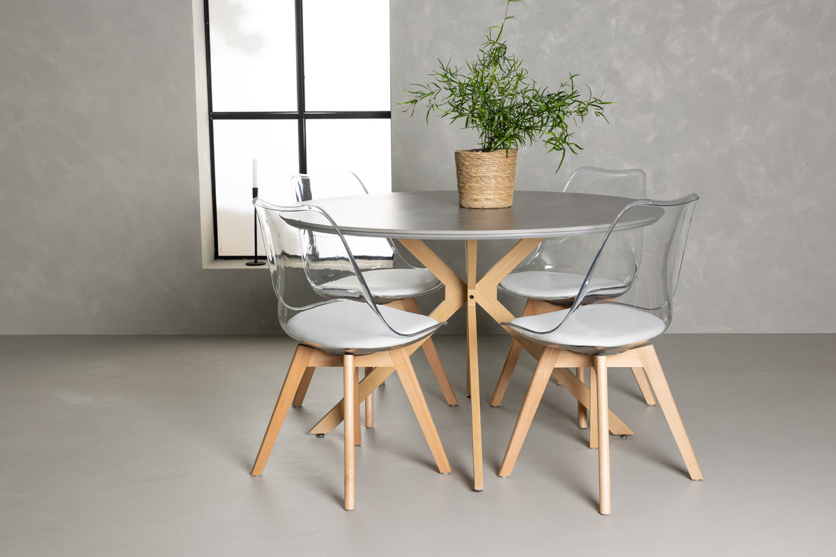 Round Dining Table ø120 Grey + Dining Chair 2-pack Nature