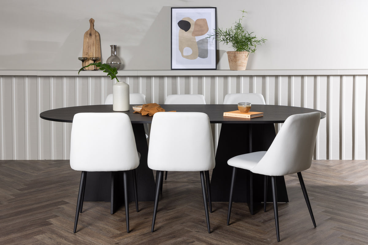 Oval Dining Table 115 x 230 Black + Dining Chair 2-pack White