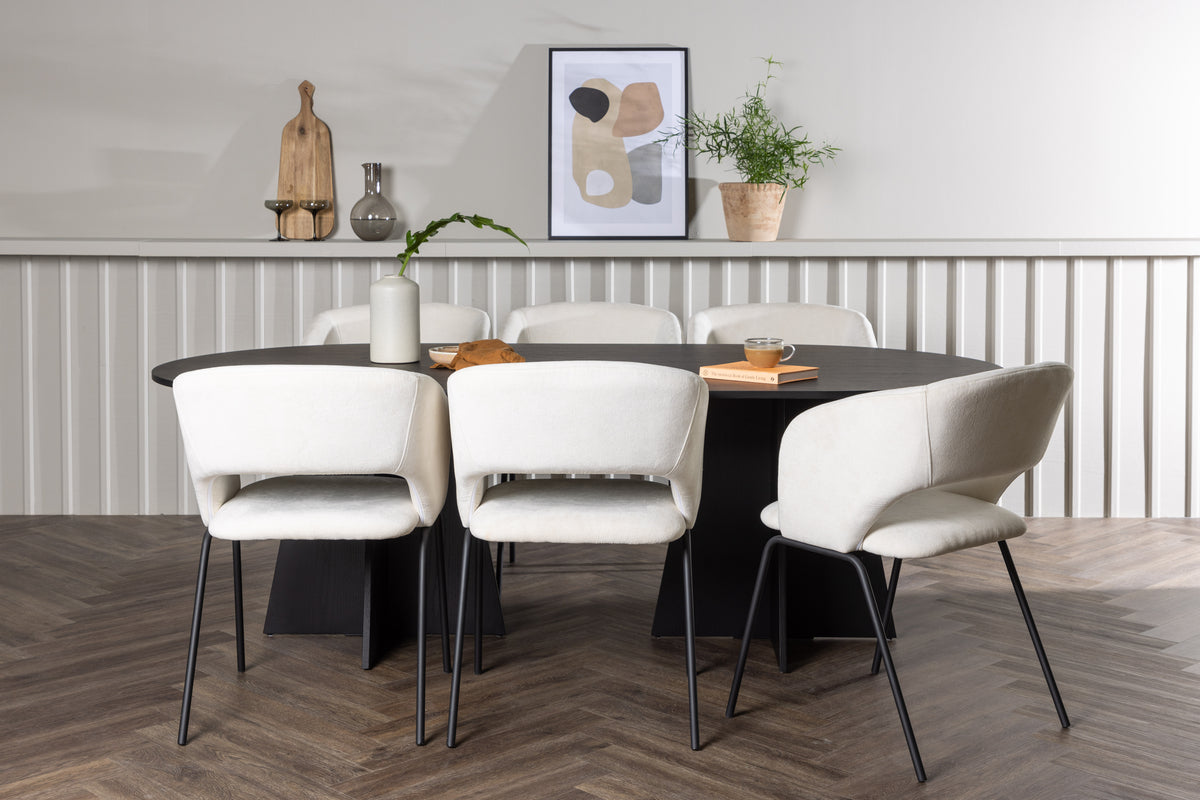 Oval Dining Table 115 x 230 Black + Dining Chair 2-pack Offwhite