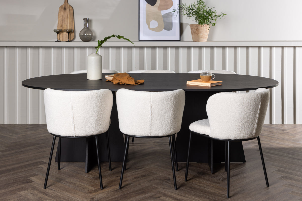 Oval Dining Table 115 x 230 Black + Dining Chair 2-pack White