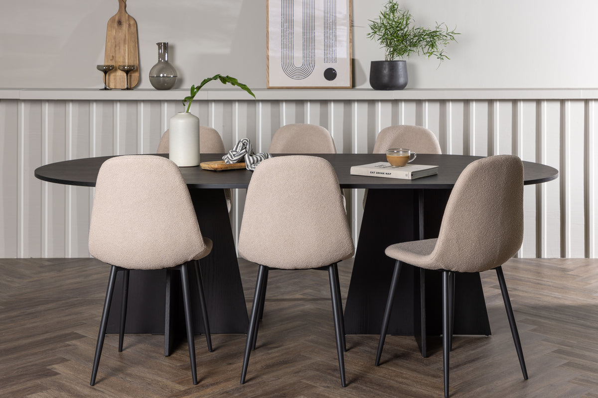 Oval Dining Table 115 x 230 Black + Dining Chair 2-pack Beige