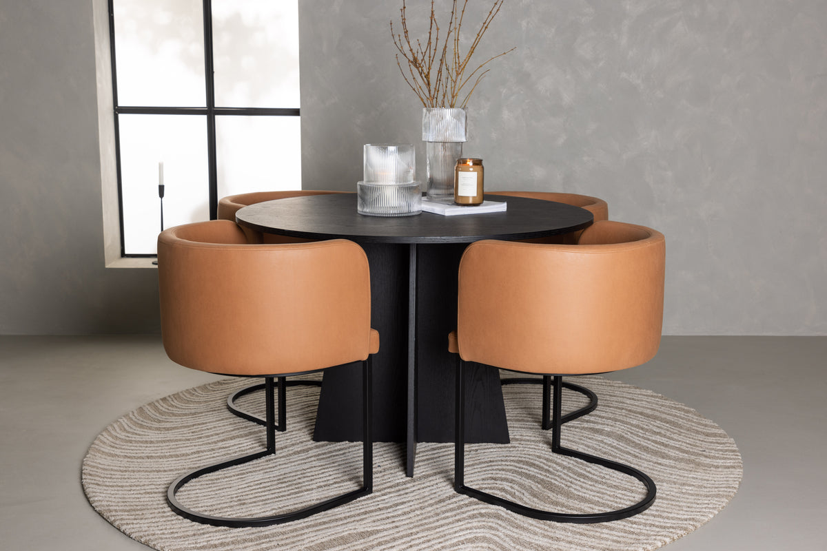 Round Dining Table ø110 Black + Dining Chair Brown