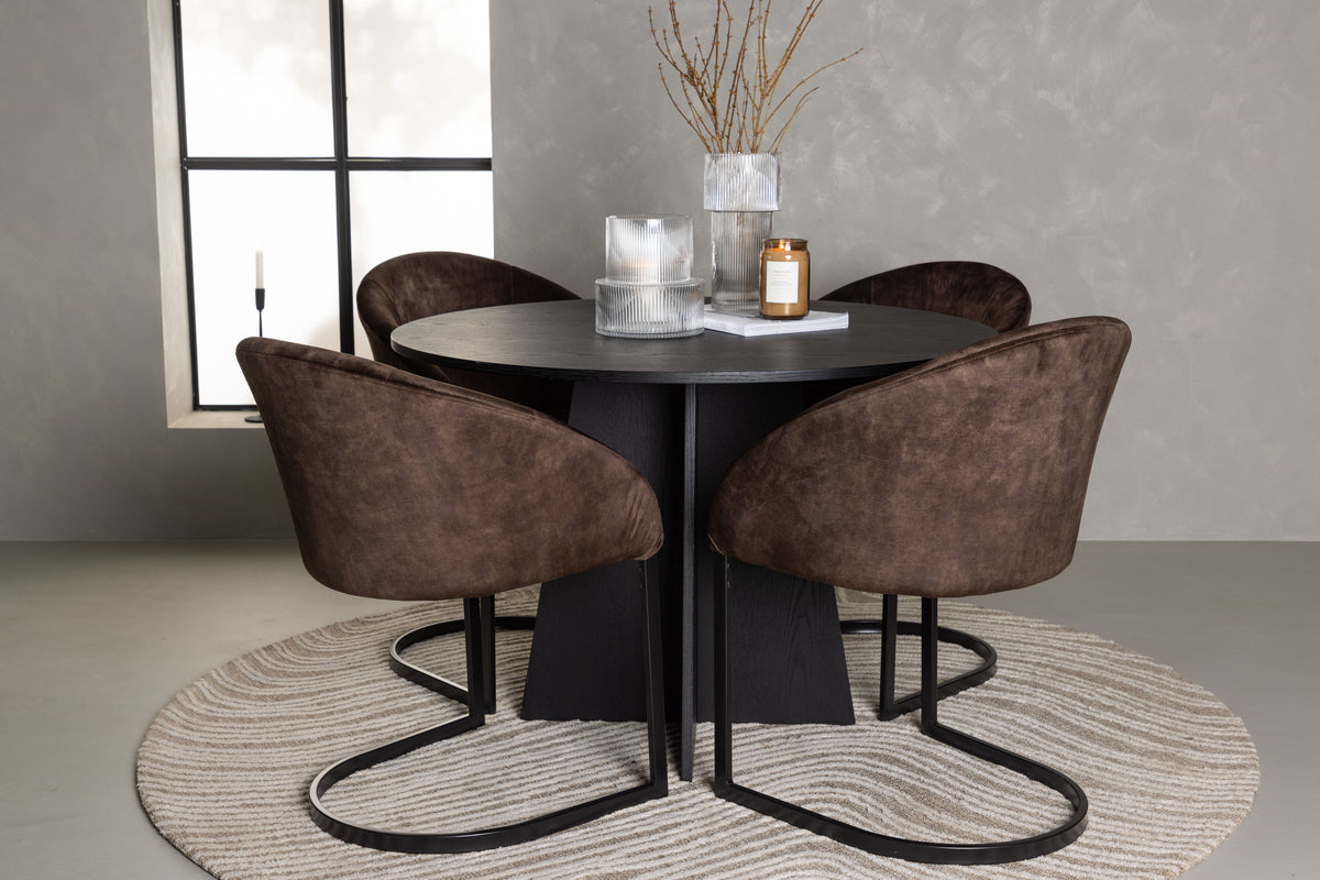 Round Dining Table ø110 Black + Dining Chair 2-pack Dark Brown
