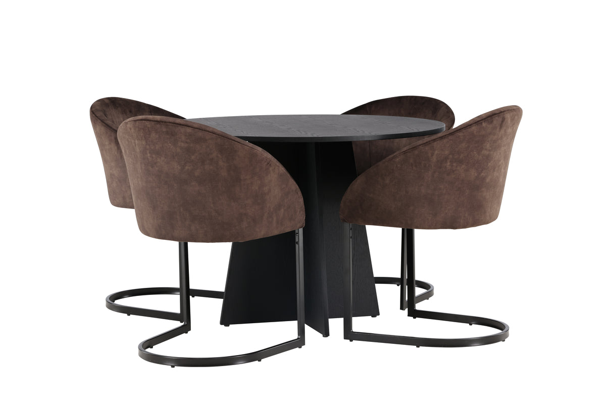 Round Dining Table ø110 Black + Dining Chair 2-pack Dark Brown