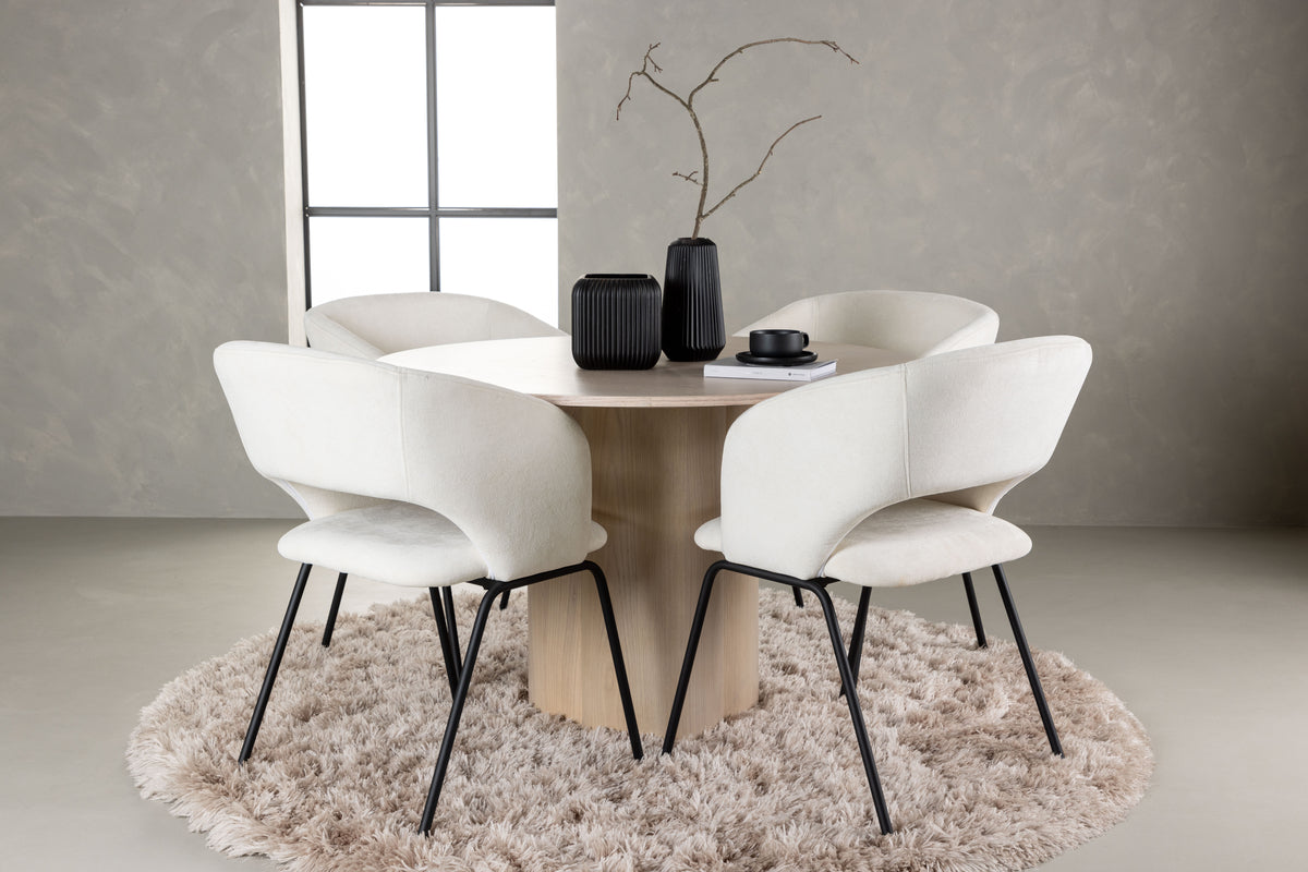 Round Dining Table ø110 Whitewash + Dining Chair 2-pack Offwhite
