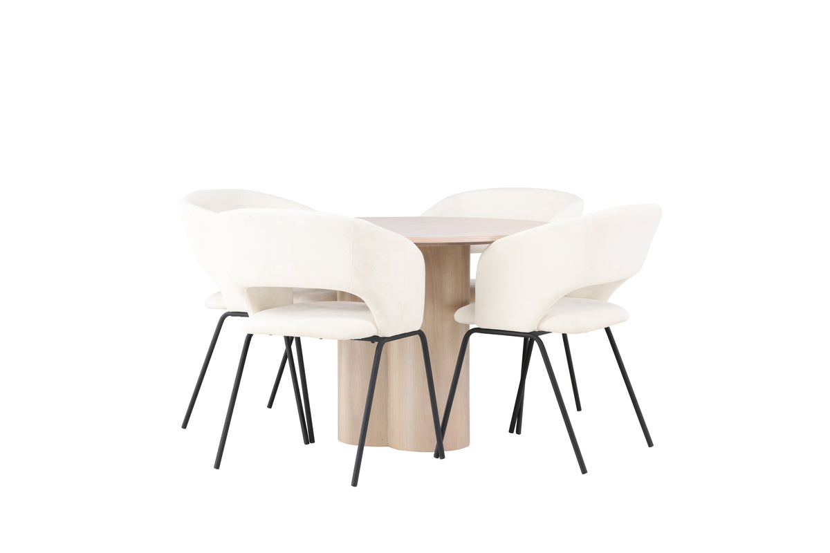 Round Dining Table ø110 Whitewash + Dining Chair 2-pack Offwhite