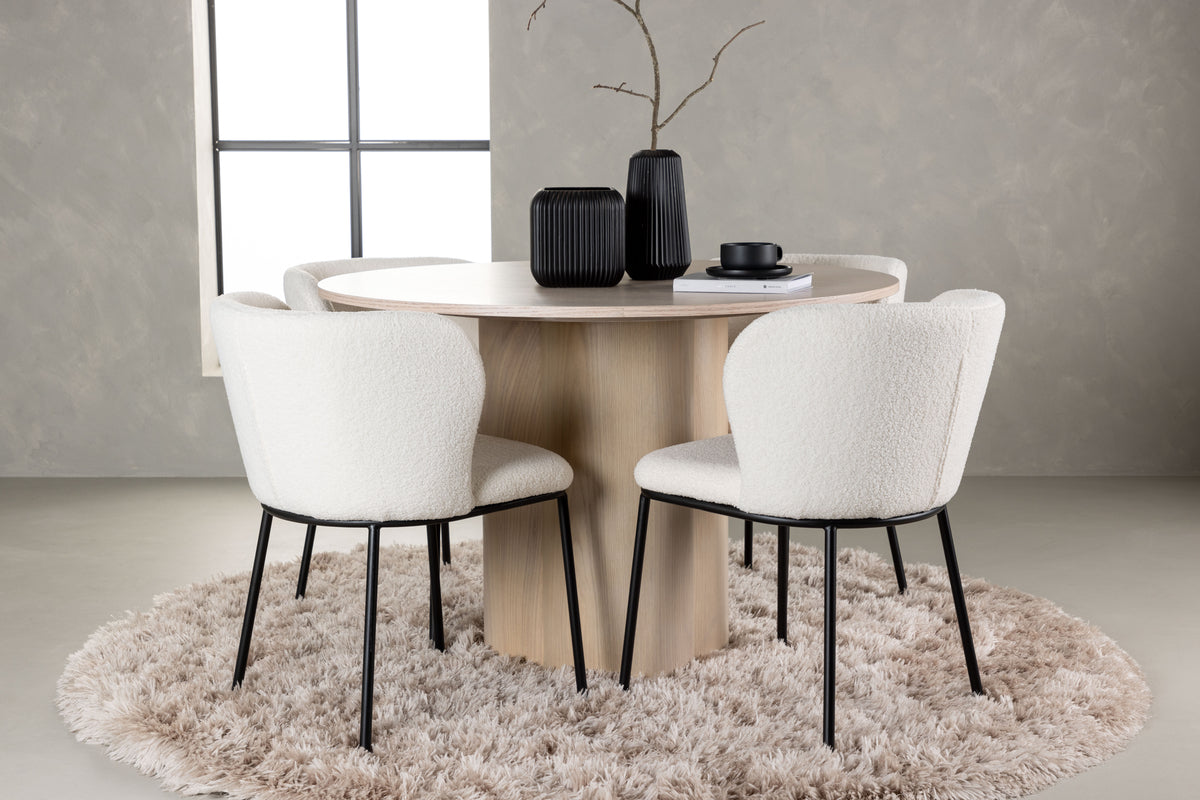 Round Dining Table ø110 Whitewash + Dining Chair 2-pack White