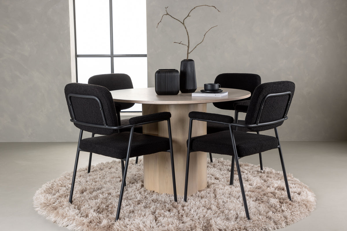 Round Dining Table ø110 Whitewash + Dining Chair 2-pack Black