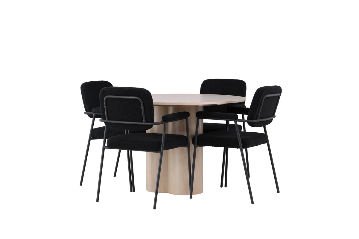 Round Dining Table ø110 Whitewash + Dining Chair 2-pack Black