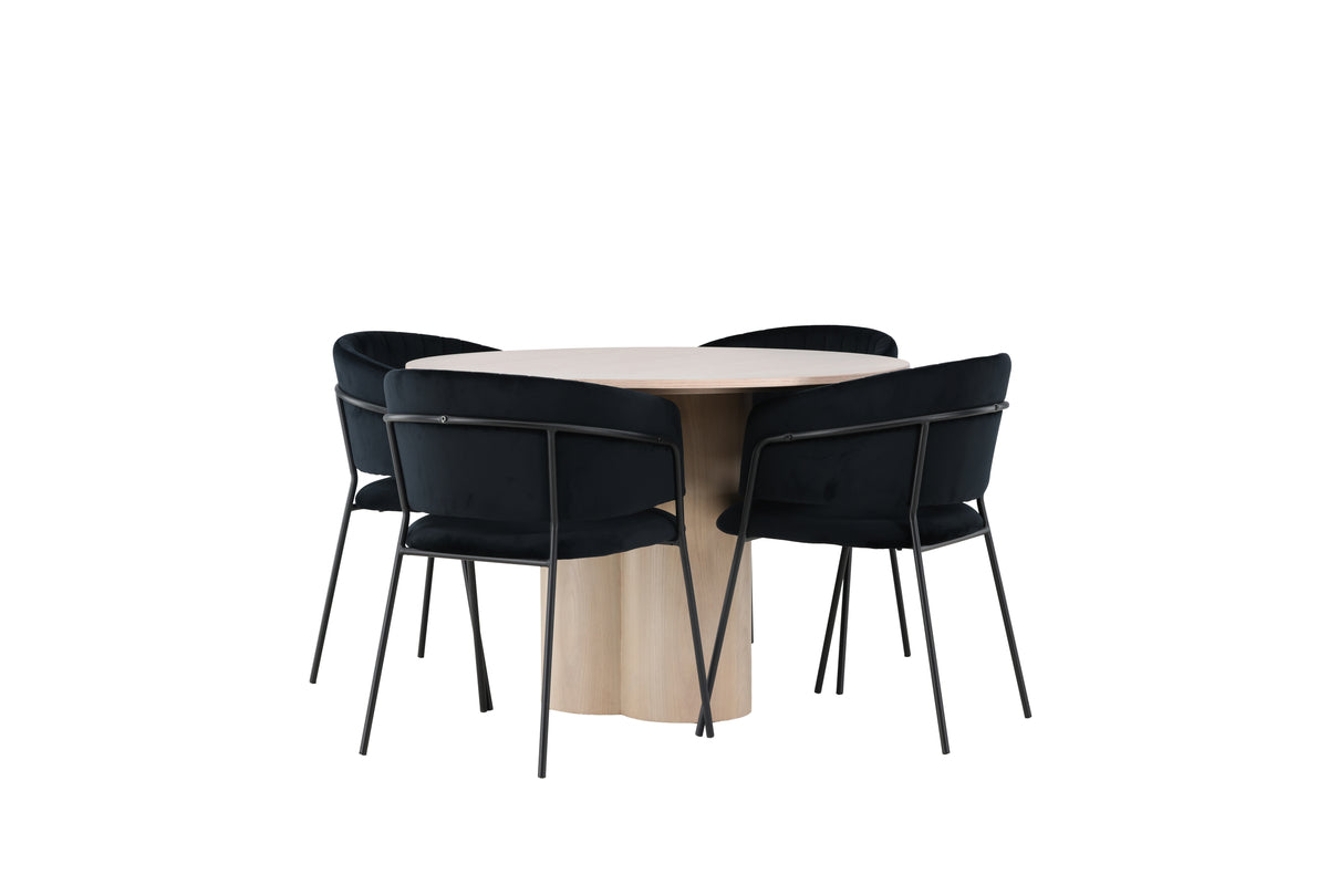 Round Dining Table ø110 Whitewash + Dining Chair 2-pack Black