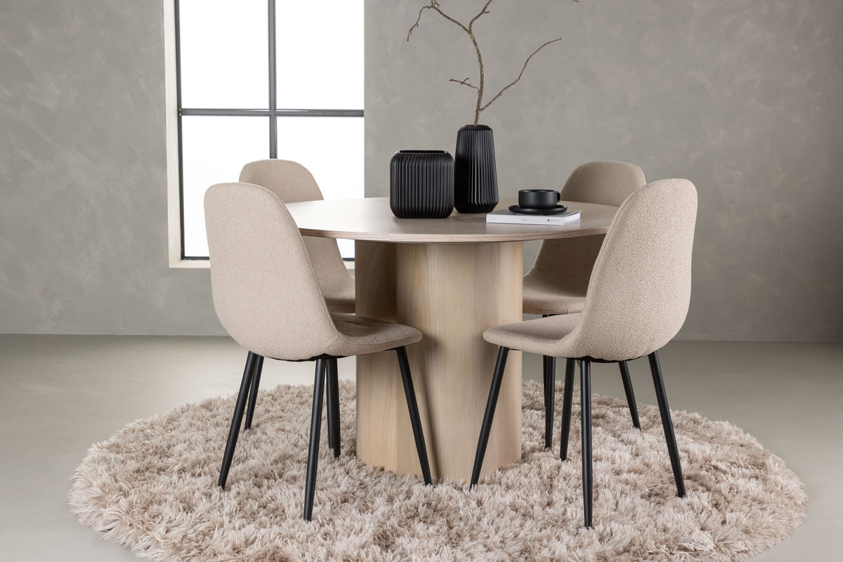 Round Dining Table ø110 Whitewash + Dining Chair 2-pack Beige