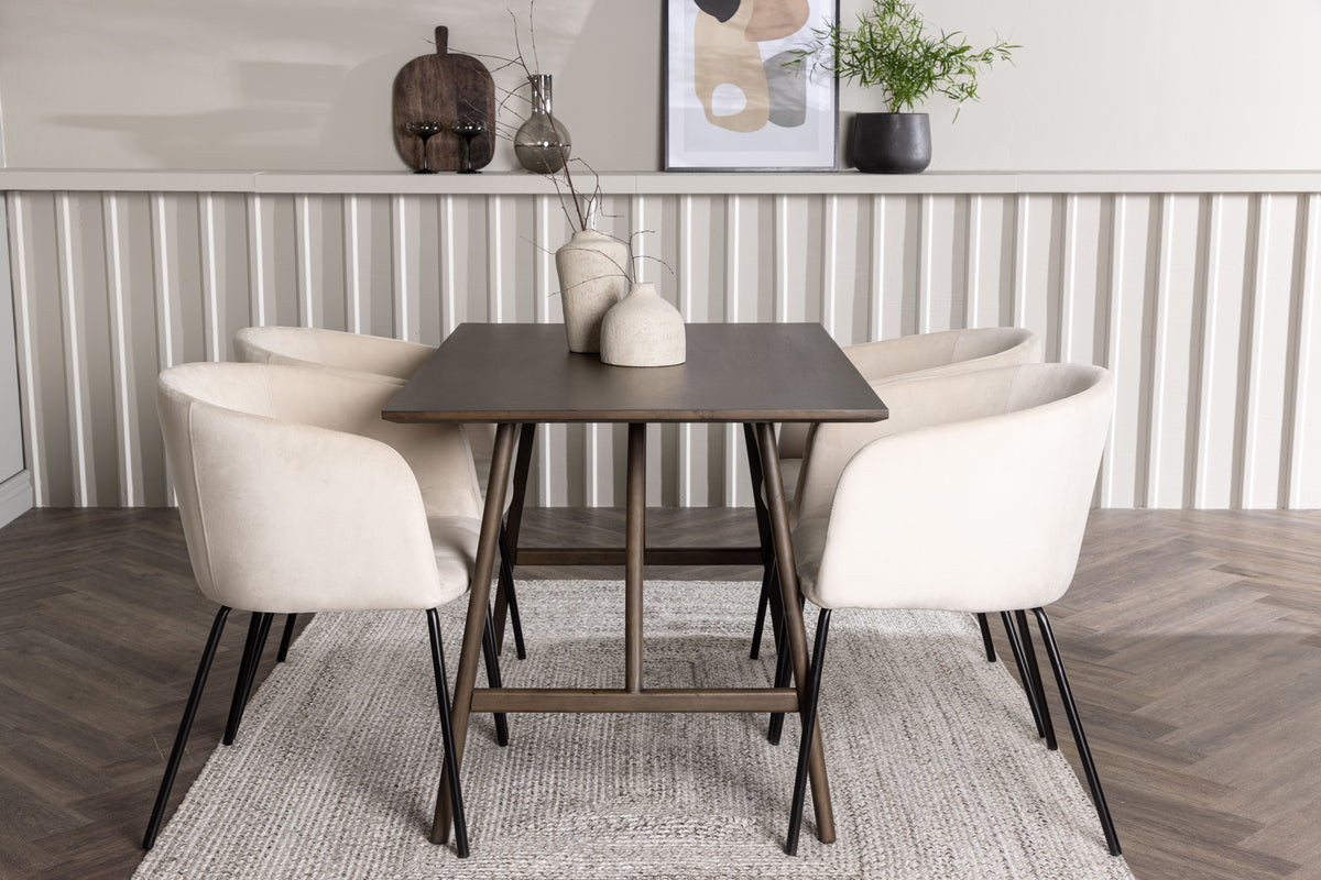 Dining Chair Beige + Rectangular Dining Table 80 x 120 Dark Brown