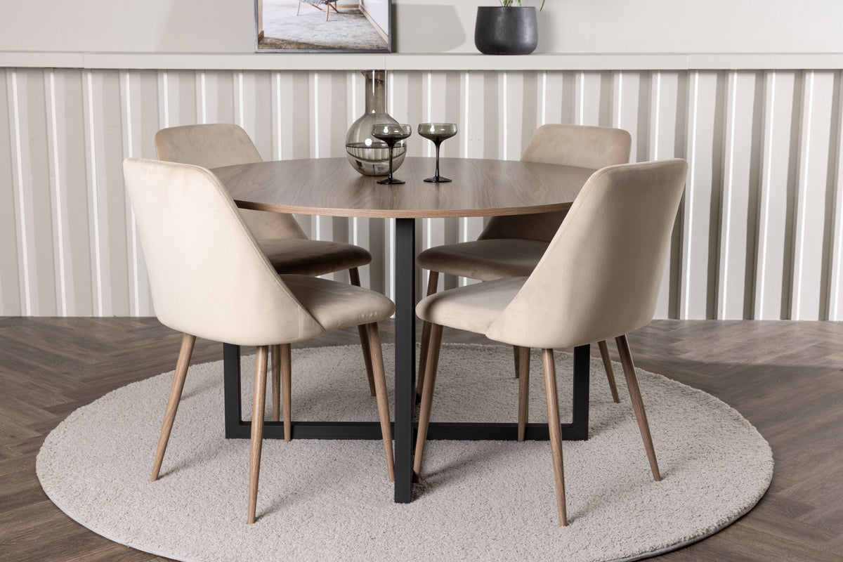 Round Dining Table ø120 Walnut + Dining Chair 2-pack Brown