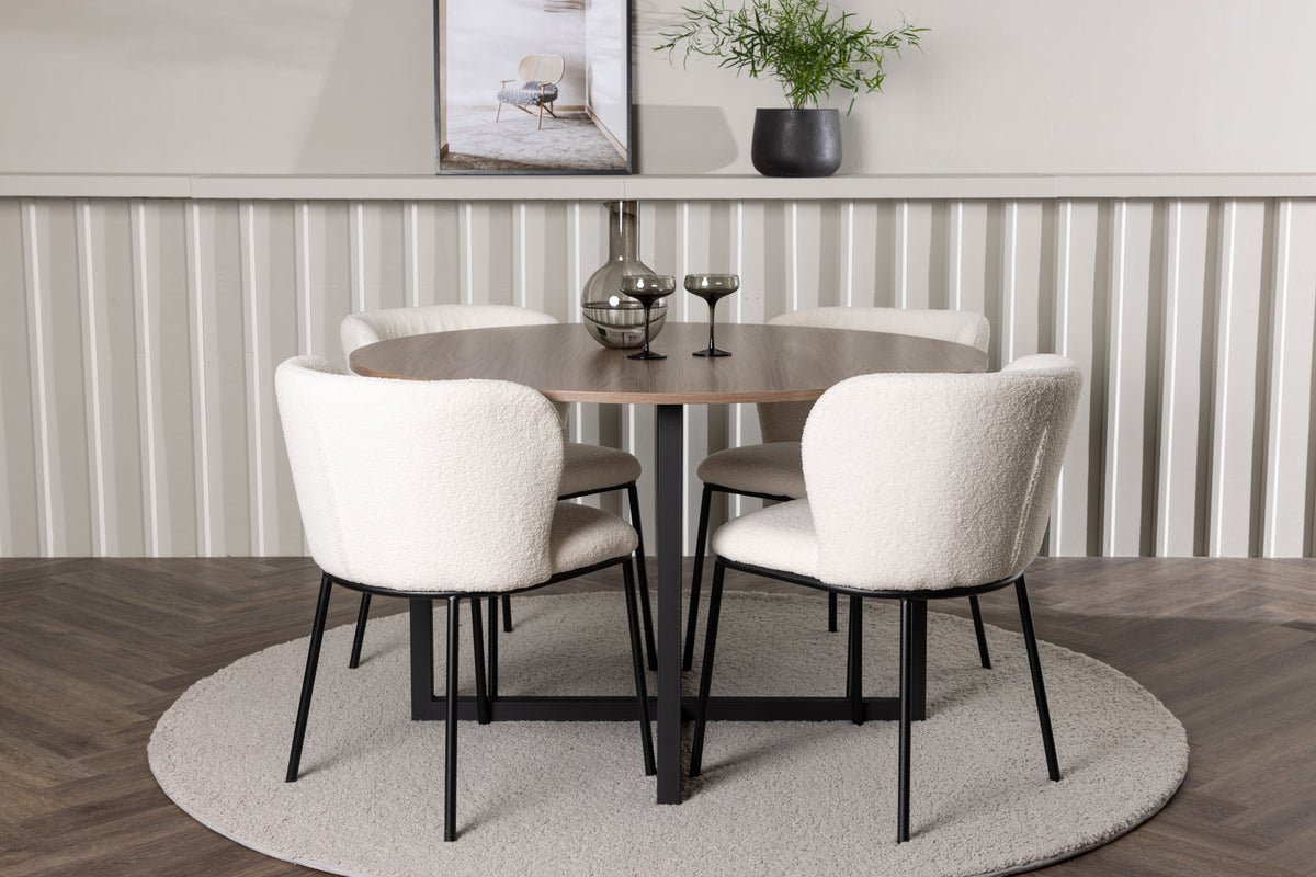 Round Dining Table ø120 Walnut + Dining Chair 2-pack White