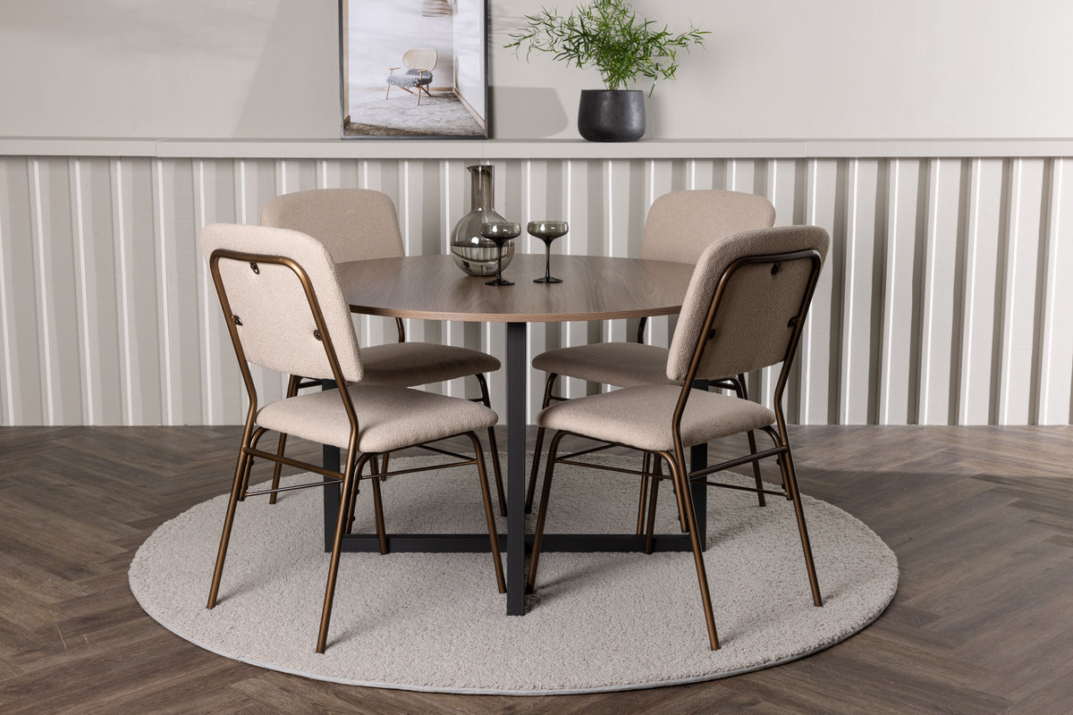 Round Dining Table ø120 Walnut + Dining Chair 2-pack Beige