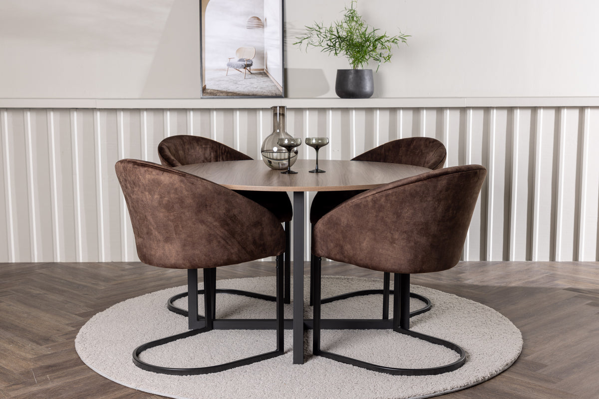 Round Dining Table ø120 Walnut + Dining Chair 2-pack Dark Brown