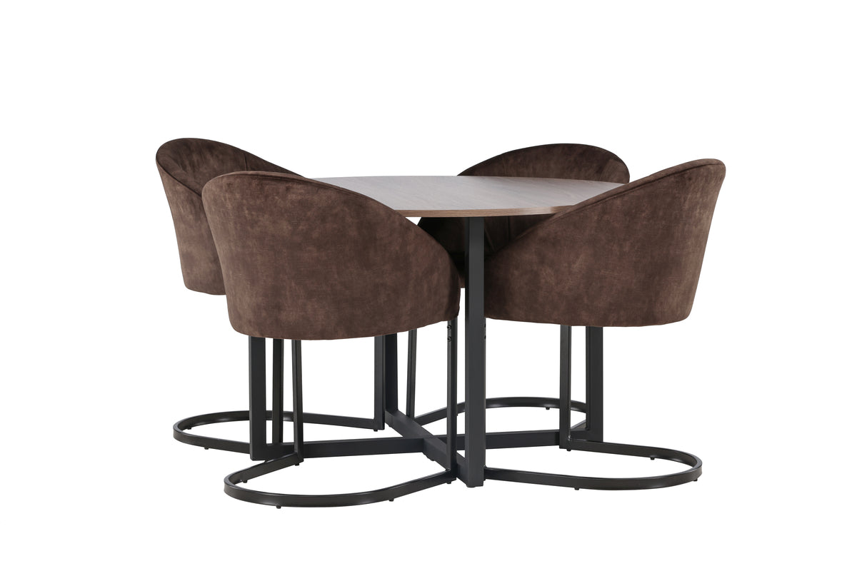 Round Dining Table ø120 Walnut + Dining Chair 2-pack Dark Brown