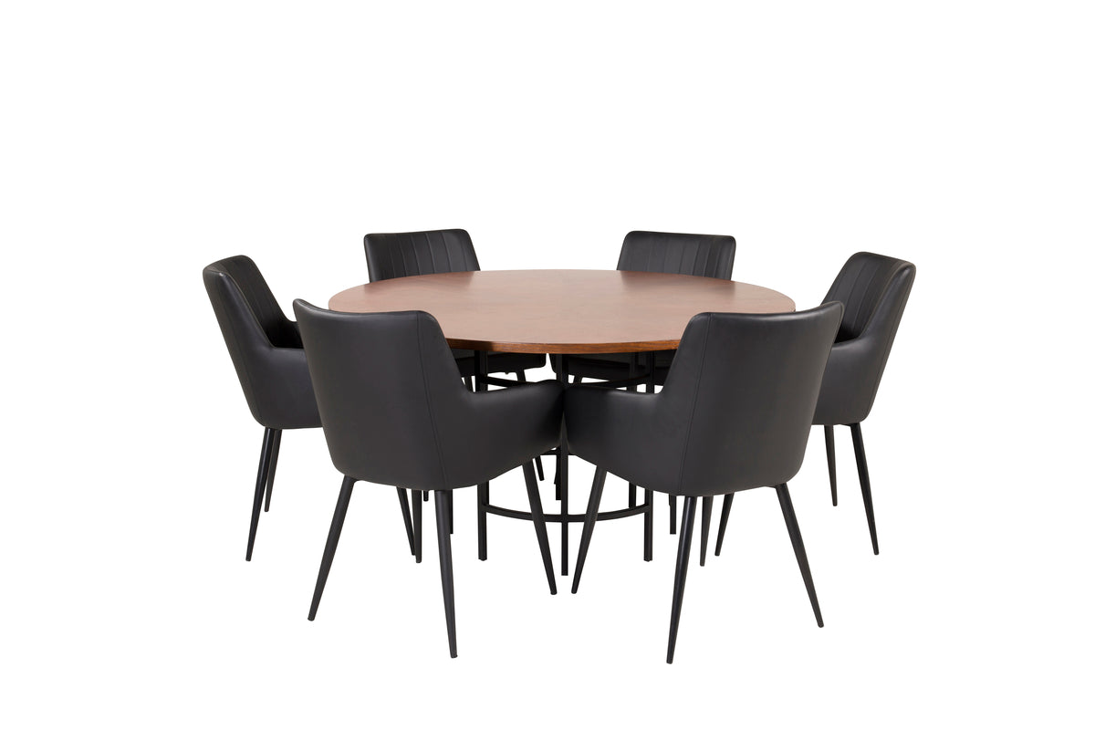 Round Dining Table ø140 Brown + Dining Chair 2-pack Black