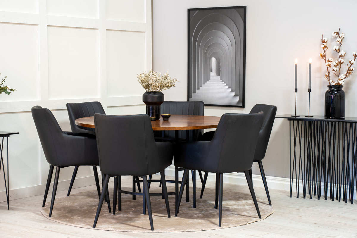 Round Dining Table ø140 Brown + Dining Chair 2-pack Black