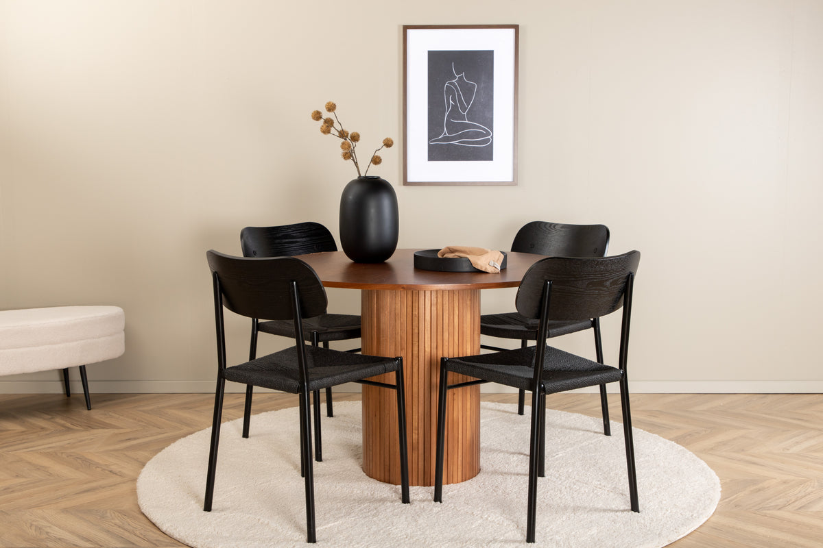 Round Dining Table ø110 Walnut + Dining Chair 2-pack Black