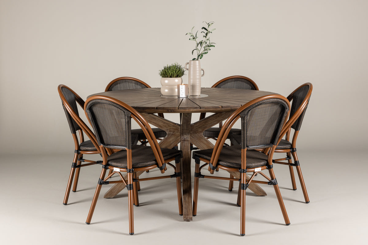 Round Dining Table ø140 Brown + Cafe Chair 2-pack Black