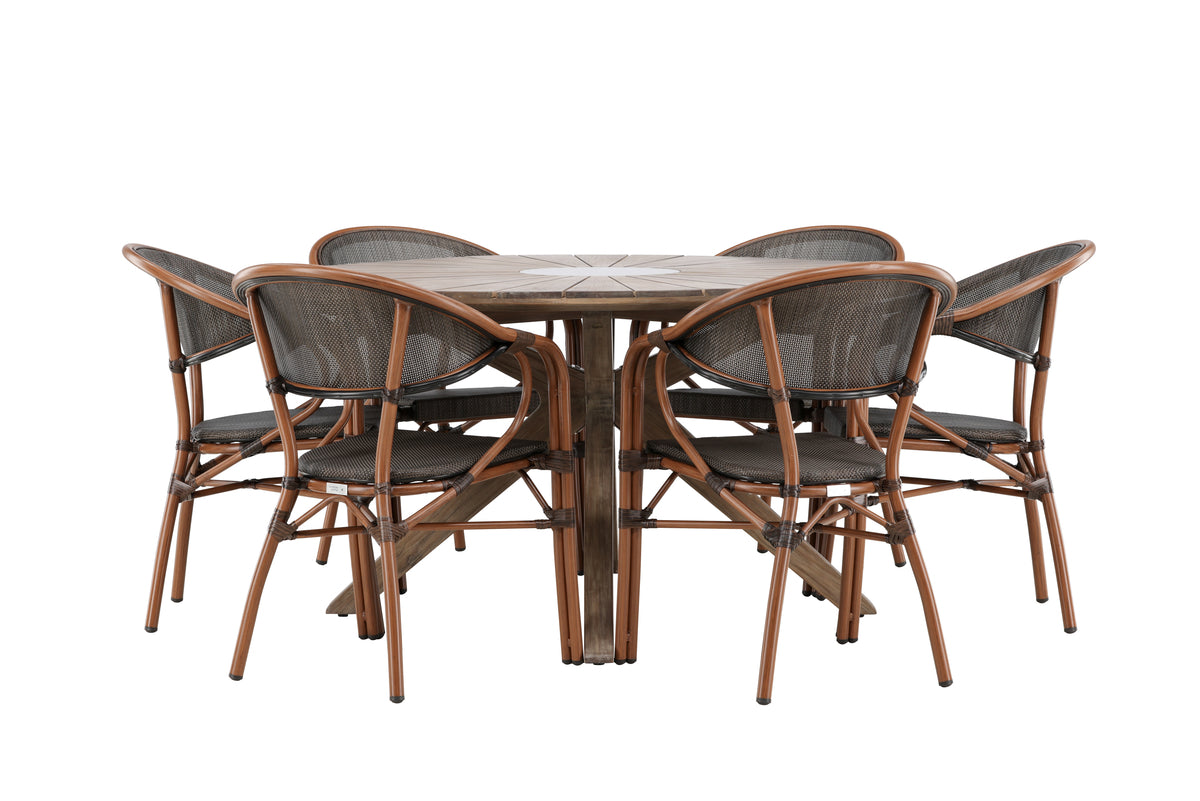 Round Dining Table ø140 Brown + Cafe Chair 2-pack Black