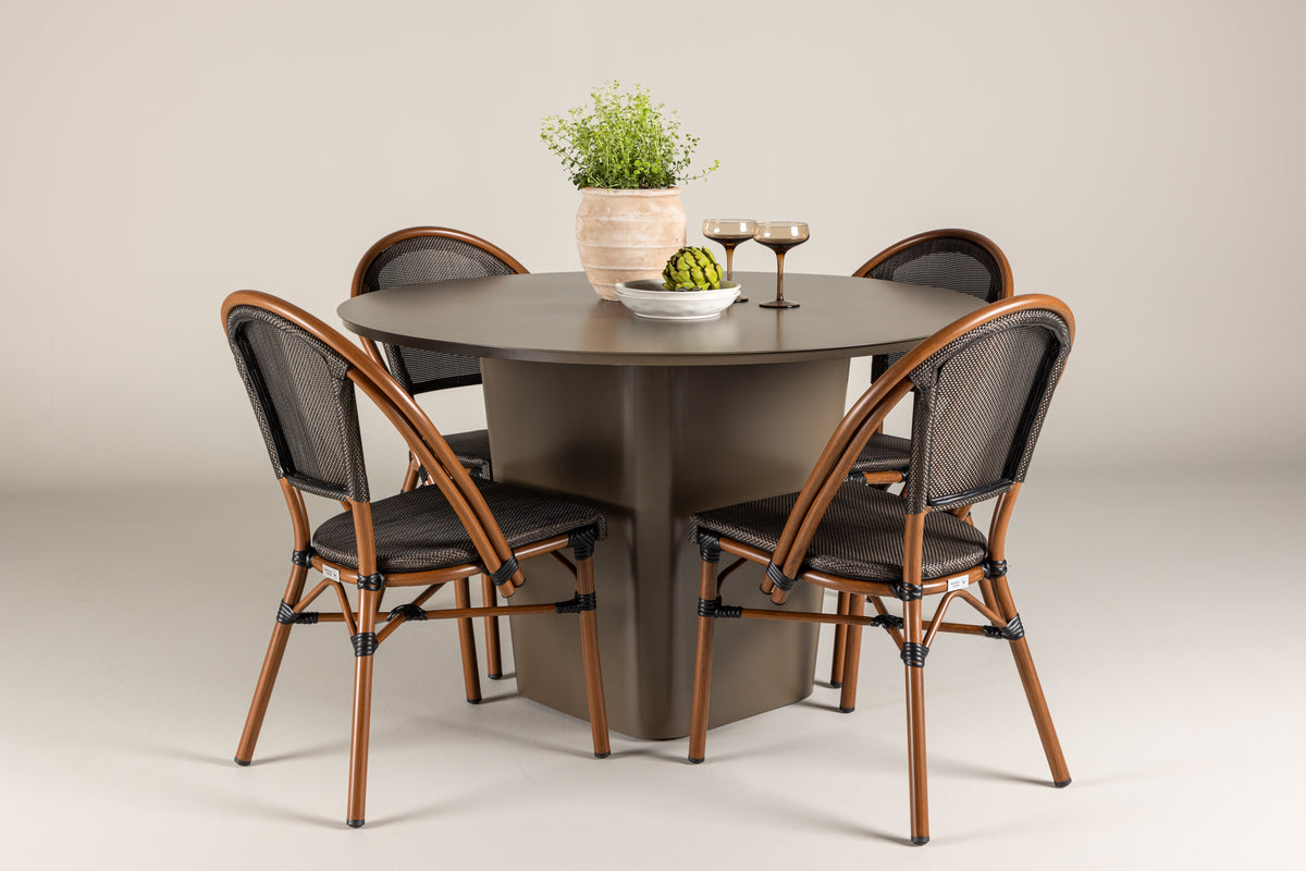 Round Dining Table ø120 Brown + Cafe Chair 2-pack Black