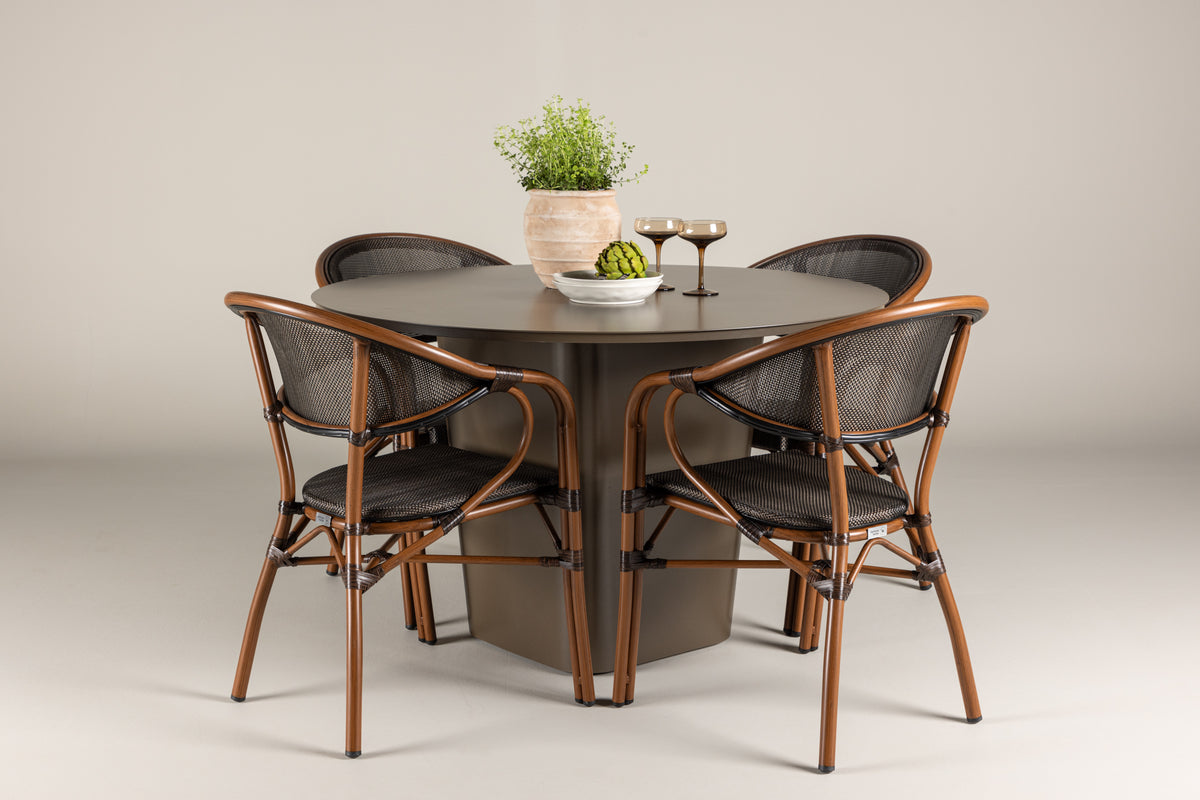 Round Dining Table ø120 Brown + Cafe Chair 2-pack Black