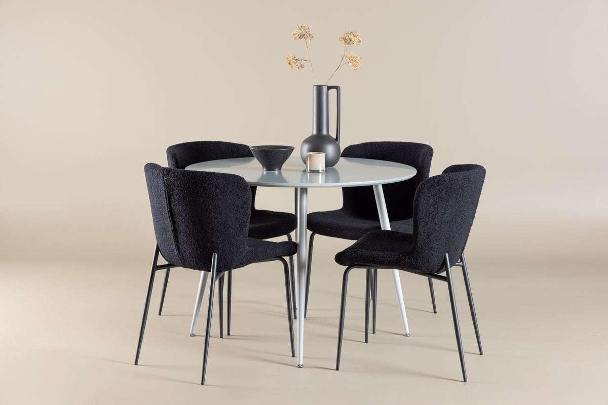 Round Dining Table ø100 Grey + Dining Chair 2-pack Black