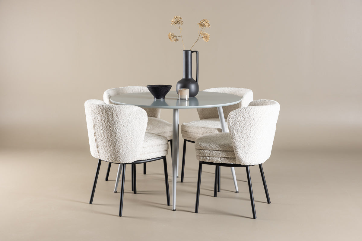 Round Dining Table ø100 Grey + Dining Chair 2-pack White