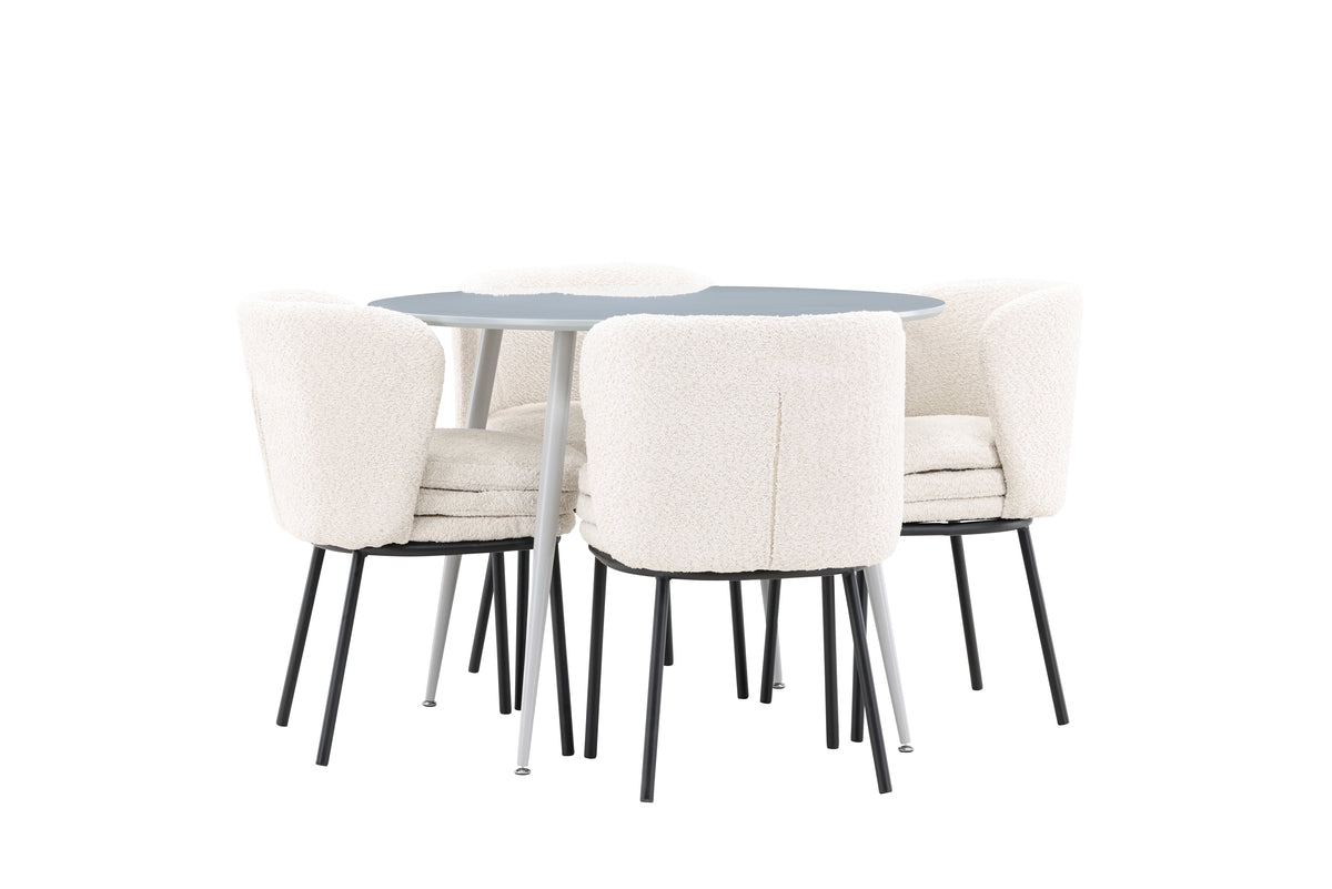 Round Dining Table ø100 Grey + Dining Chair 2-pack White