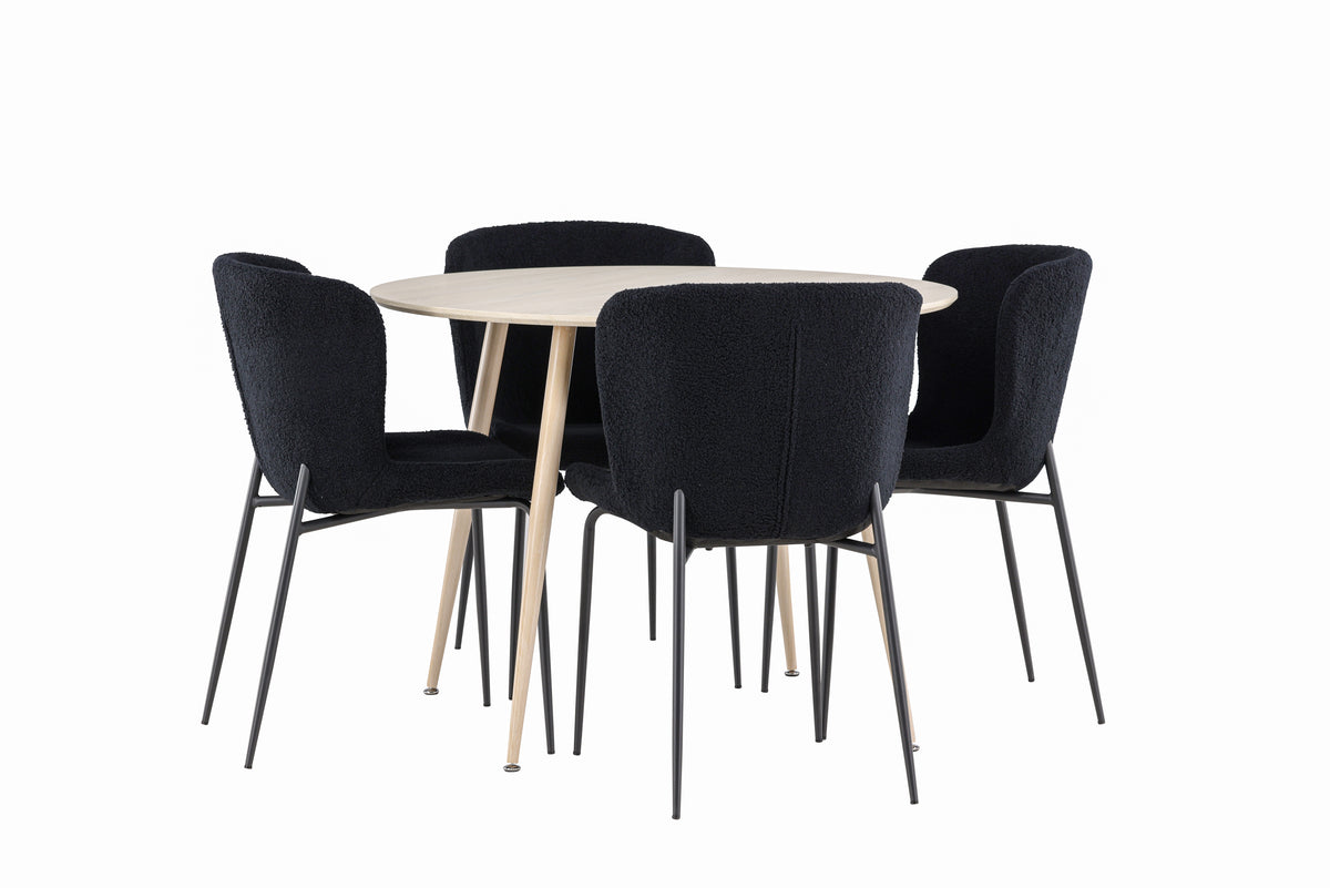 Round Dining Table ø100 Whitewash + Dining Chair 2-pack Black