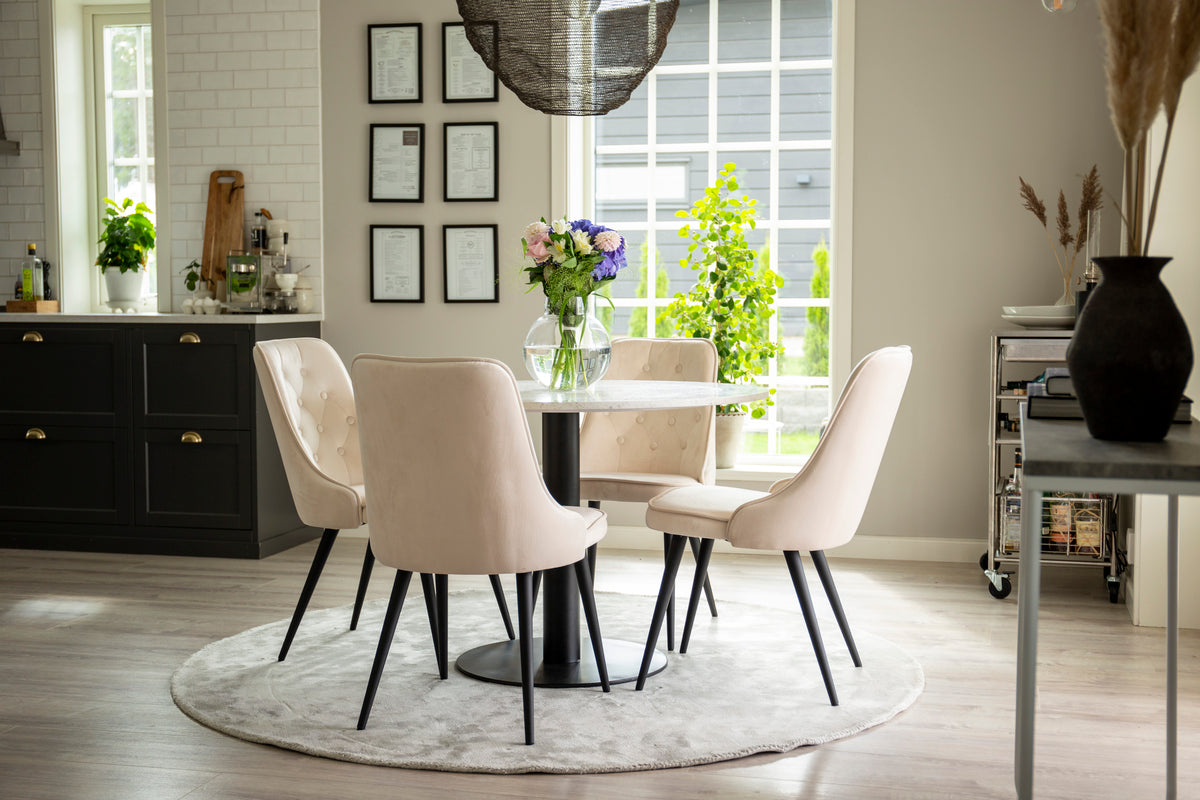 Ronde Eettafel ø106 cm Wit + Eetkamerstoelen (4-stuks) Beige