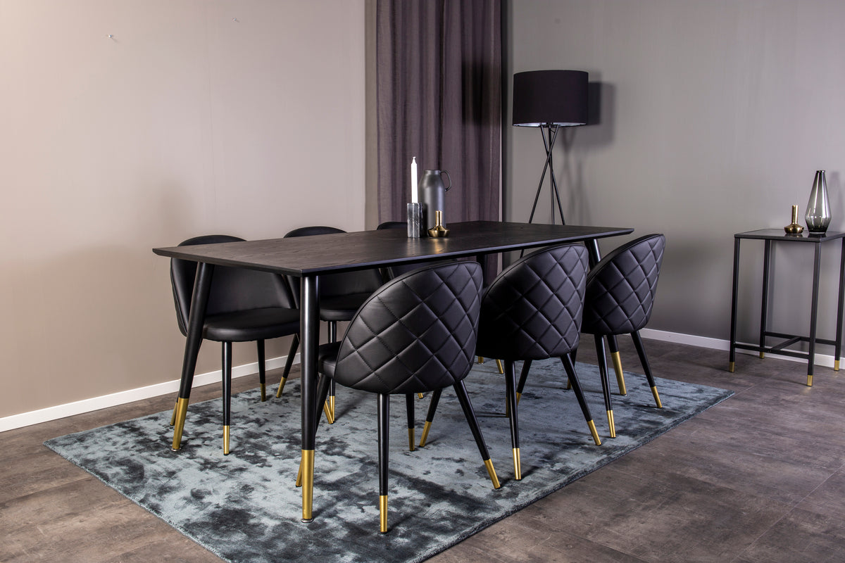 Rechthoekige Eettafel 180 x 75 x 90 Zwart + Eetkamerstoelen (6-stuks) Zwart